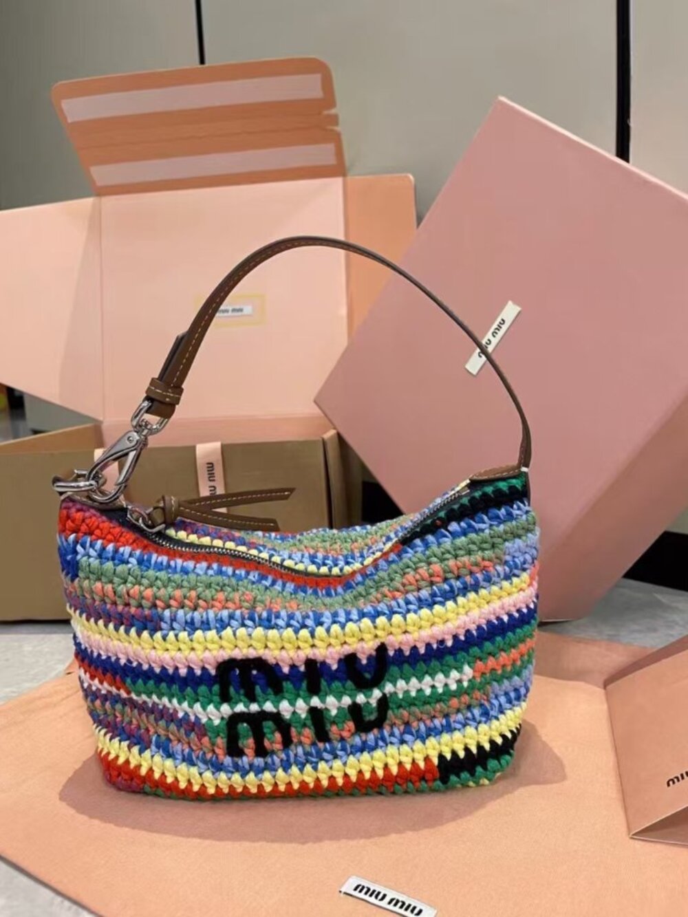 Miu Miu Rainbow Crochet Shoulder Hobo Bag